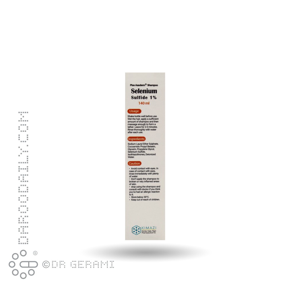 شامپو ضد شوره سلنیوم سولفاید ۱ درصد پلاس آسادرم کیمیا کالای رازی ۱۴۰ میلی لیتری