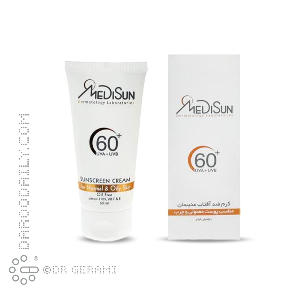 کرم ضد آفتاب بی رنگ پوست چرب فاقد چربی SPF60 مدیسان ۵۰ میلی لیتری