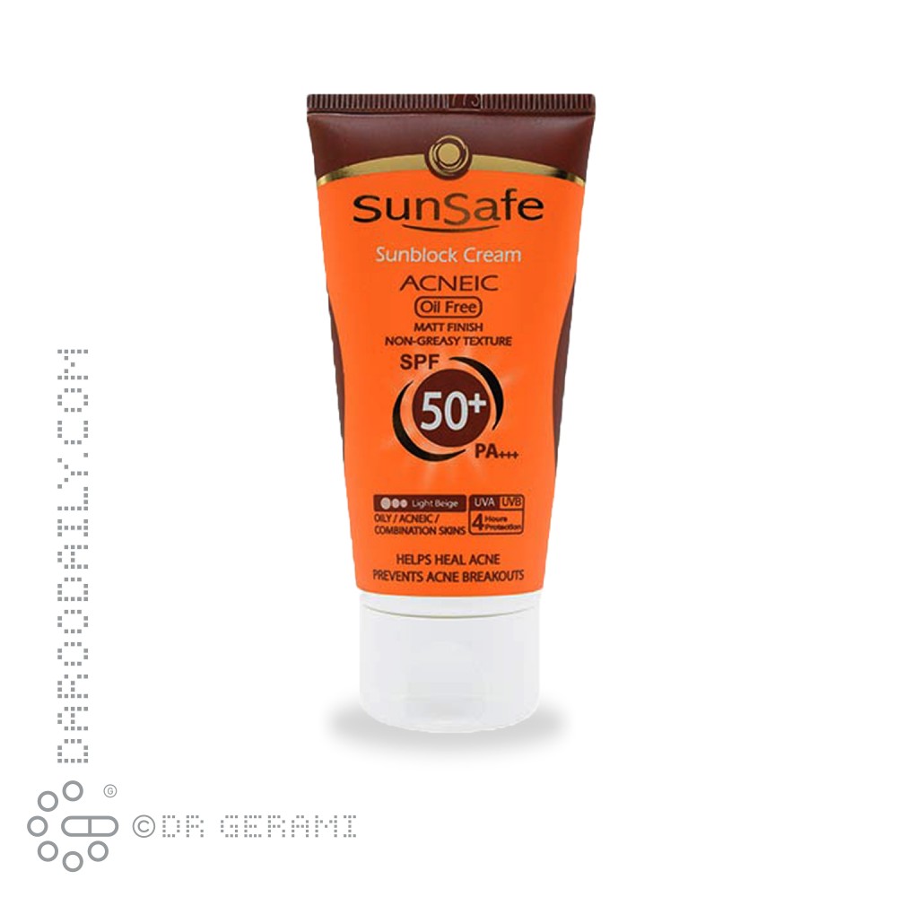 کرم ضد آفتاب بژ روشن پوست چرب فاقد چربی SPF50 سان سیف 50 میلی لیتری