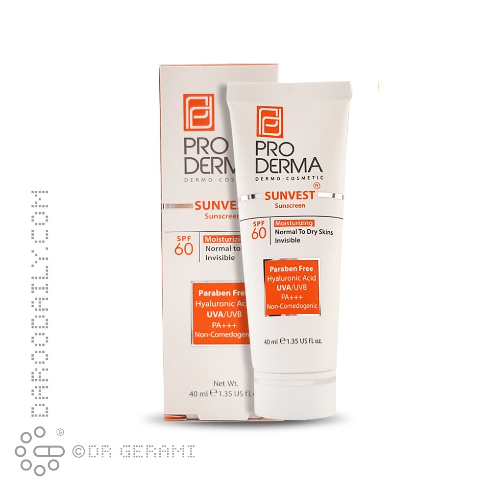 کرم ضد آفتاب و مرطوب کننده بی رنگ پوست خشک SPF60 پرودرما ۴۰ میلی لیتری