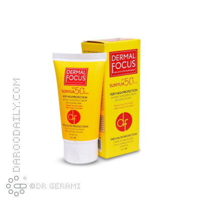 کرم ضد آفتاب بی رنگ پوست خشک و حساس مدل Sunylia با SPF50 درمال فوکوس 50 میلی لیتری
