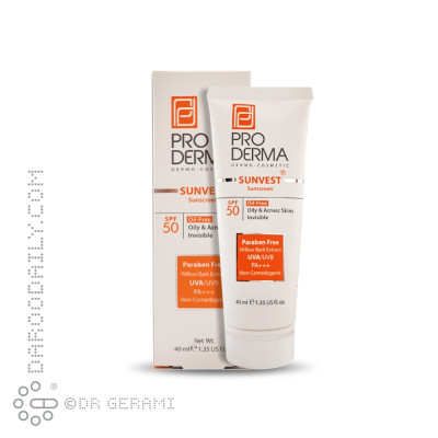 کرم ضد آفتاب بی رنگ پوست چرب فاقد چربی مدل Sunvest با SPF50 پرودرما 40 میلی لیتری