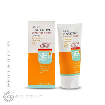 کرم ضد آفتاب بی رنگ پوست چرب فاقد چربی مدل Highly Protective با SPF50 نئودرم 50 میلی لیتری
