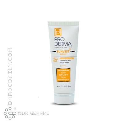 کرم ضد آفتاب بژ روشن پوست حساس SPF40 پرودرما 40 میلی لیتری