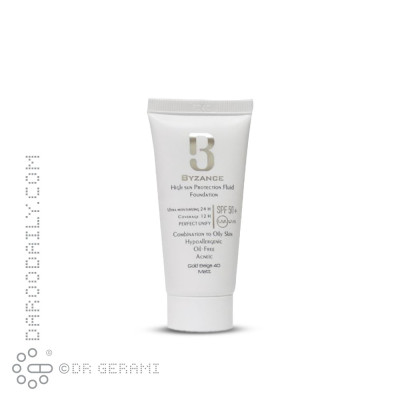 فلوئید ضد آفتاب کرم پودری بژ طلایی پوست چرب SPF50 بیزانس ۳۰ میلی لیتری