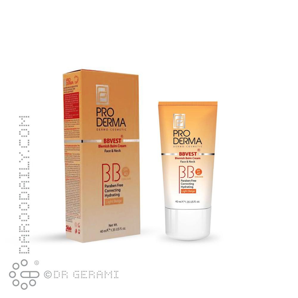 بی بی کرم بالم بژ روشن پوست چرب صورت و گردن فاقد چربی SPF40 پرودرما 40 میلی لیتری