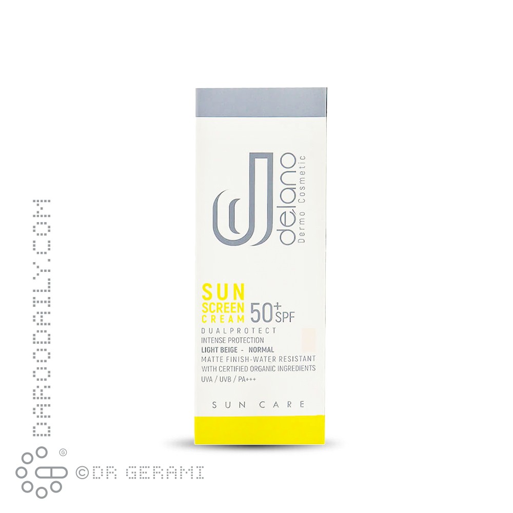 کرم ضد آفتاب بژ روشن پوست معمولی و خشک SPF50 دلانو 50 میلی لیتری