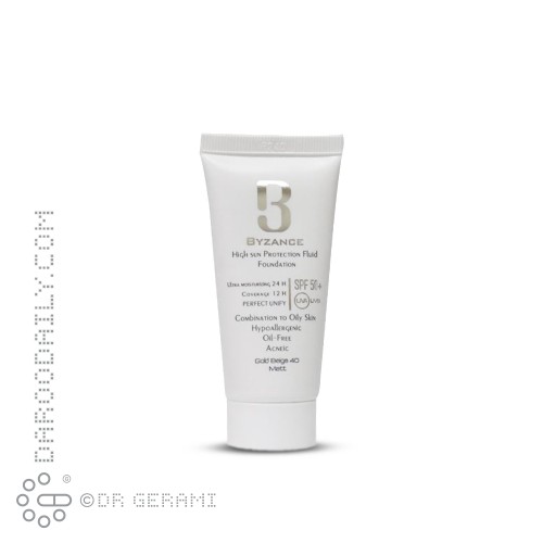 فلوئید ضد آفتاب کرم پودری بژ طلایی پوست چرب SPF50 بیزانس ۳۰ میلی لیتری
