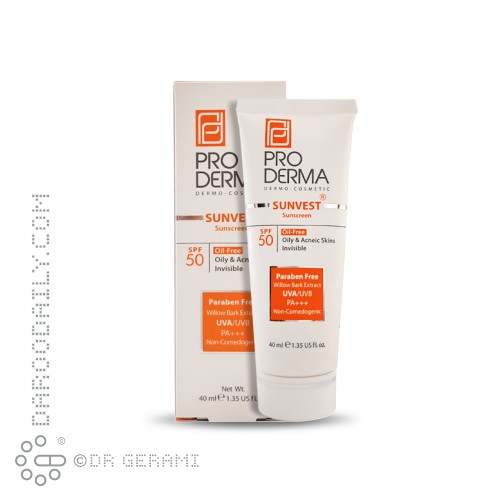کرم ضد آفتاب بی رنگ پوست چرب فاقد چربی مدل Sunvest با SPF50 پرودرما 40 میلی لیتری