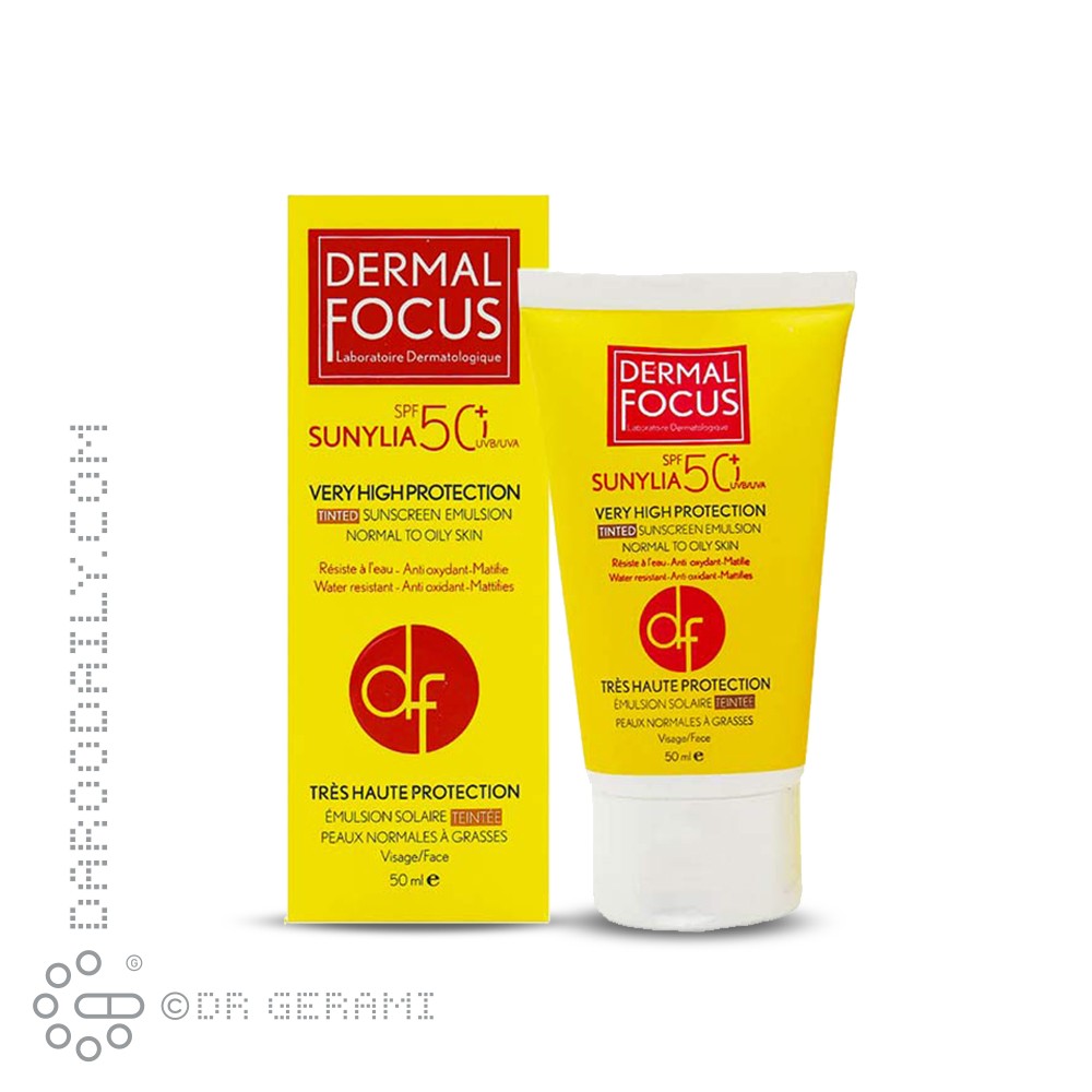 کرم ضد آفتاب رنگی پوست معمولی تا چرب مدل Sunylia با SPF50 درمال فوکوس 50 میلی لیتری