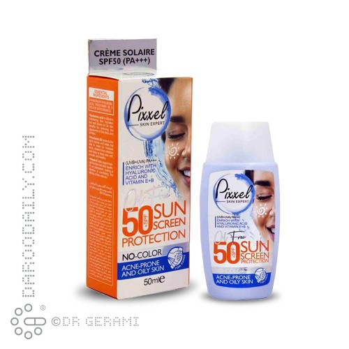 کرم ضد آفتاب بی رنگ پوست های چرب و آکنه دار مدل Pixel با SPF50 کامان 50 میلی لیتری