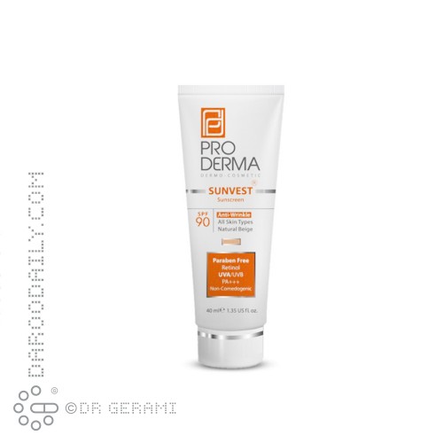کرم ضد آفتاب و ضد چروک بژ طبیعی SPF90 پرودرما 40 میلی لیتری