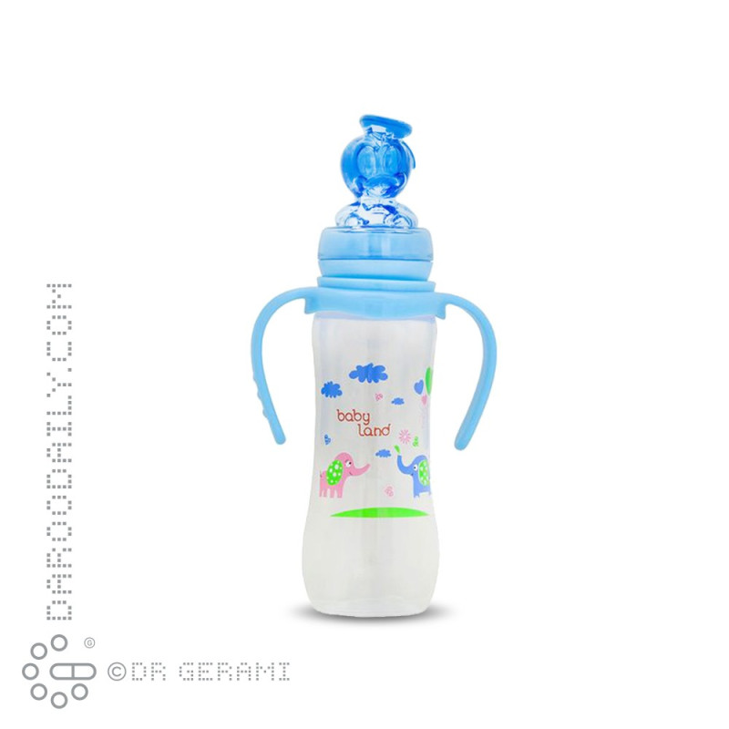 شیشه شیر کلاسیک عروسکی فندقی با طرح اردک آبی بی بی لند 240 میلی لیتری کد 507