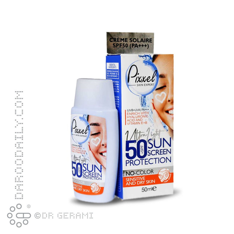 کرم ضد آفتاب بی رنگ پوست های خشک تا معمولی و حساس مدل Pixel با SPF50 کامان 50 میلی لیتری