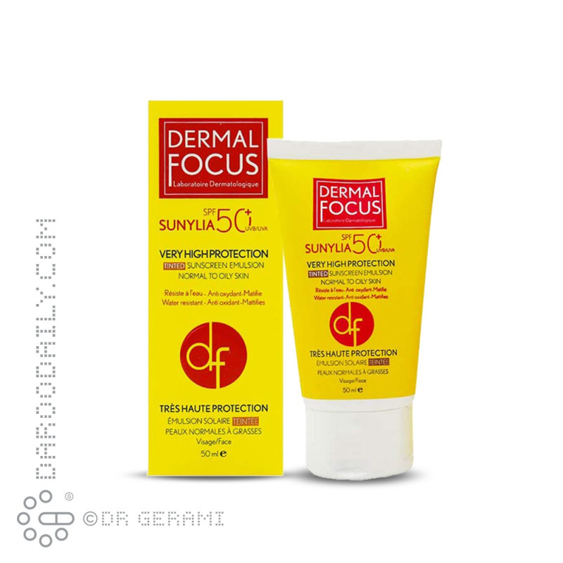 کرم ضد آفتاب رنگی پوست معمولی تا چرب مدل Sunylia با SPF50 درمال فوکوس 50 میلی لیتری