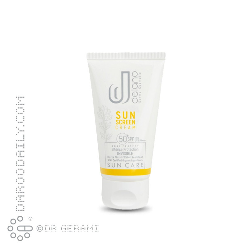 کرم ضد آفتاب بی رنگ پوست چرب فاقد چربی SPF50 دلانو 50 میلی لیتری