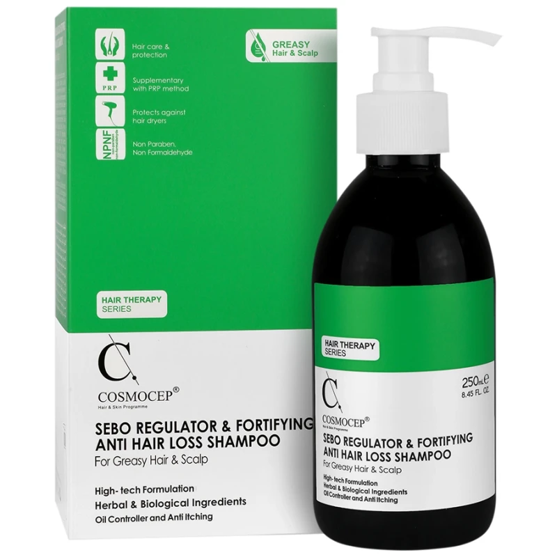 شامپو ضد ریزش و تنظیم کننده سبوم موهای چرب کازموسپ 250 میلی لیتری