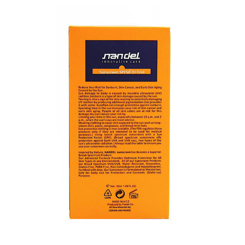 کرم ضد آفتاب بی رنگ پوست چرب SPF۵۰ ناندل ۵۰ میلی لیتری