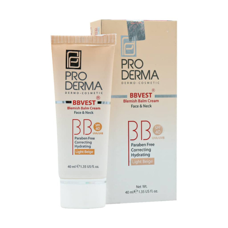 بی بی کرم بالم بژ روشن پوست چرب صورت و گردن فاقد چربی SPF40 پرودرما 40 میلی لیتری