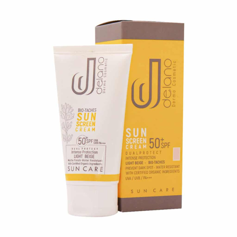 کرم ضد آفتاب بژ طبیعی مدل Bio Taches با SPF50 دلانو 50 میلی لیتری