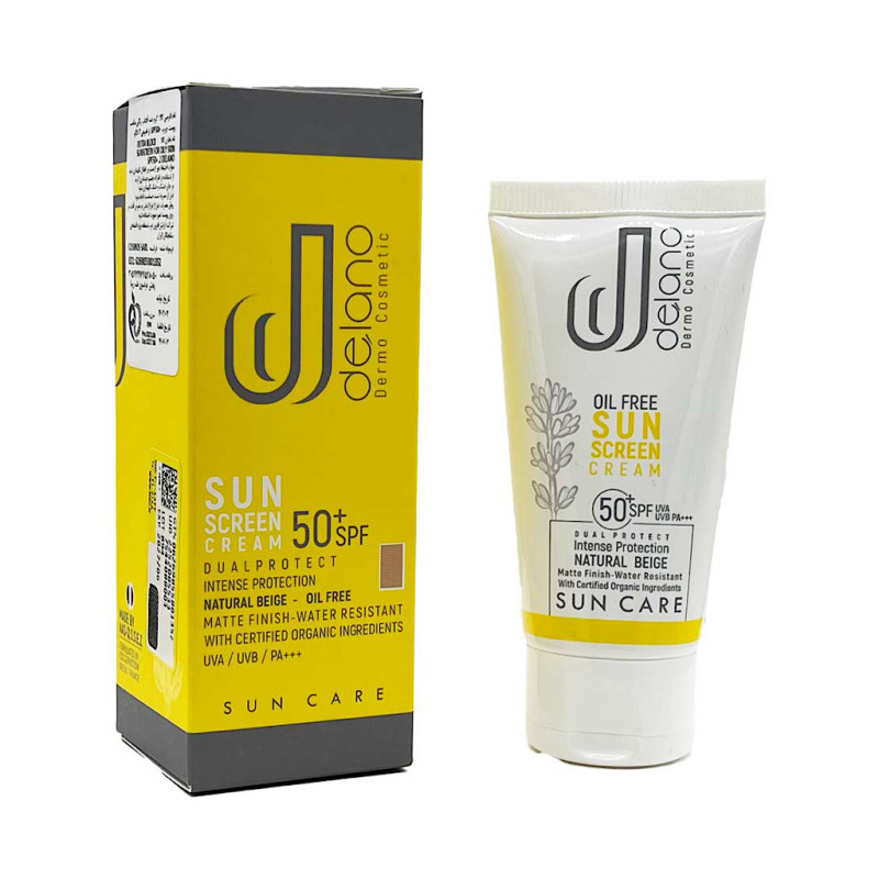 کرم ضد آفتاب بژ طبیعی پوست چرب فاقد چربی SPF50 دلانو 50 میلی لیتری