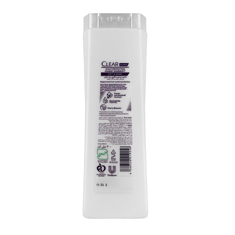 شامپو ضد شوره مو بانوان مدل Soft & Shiny کلیر 400 میلی لیتری