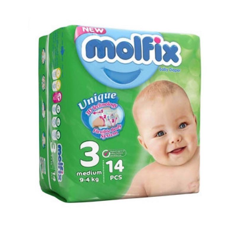 پوشک کودک متوسط سه بعدی مولفیکس سایز ۳ بسته 14 عددی