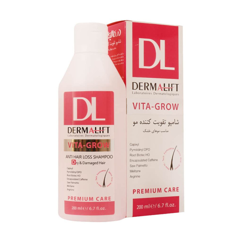 شامپو ضد ریزش و تقویت کننده موهای خشک مدل Vita Grow درمالیفت 200 میلی لیتری