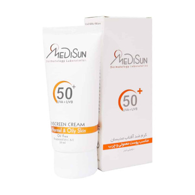 کرم ضد آفتاب بی رنگ پوست چرب فاقد چربی SPF50 مدیسان 50 میلی لیتری