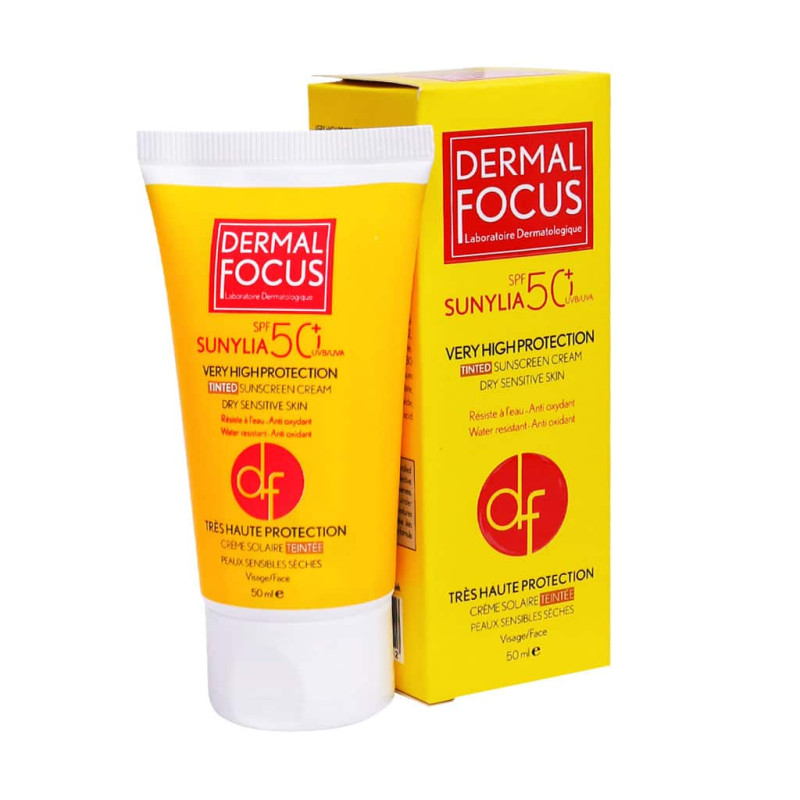 کرم ضد آفتاب بی رنگ پوست خشک و حساس مدل Sunylia با SPF50 درمال فوکوس 50 میلی لیتری