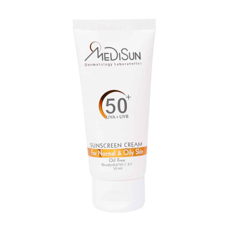 کرم ضد آفتاب بی رنگ پوست چرب فاقد چربی SPF50 مدیسان 50 میلی لیتری